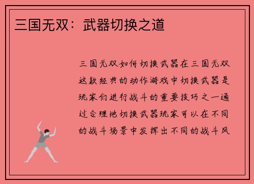 三国无双：武器切换之道